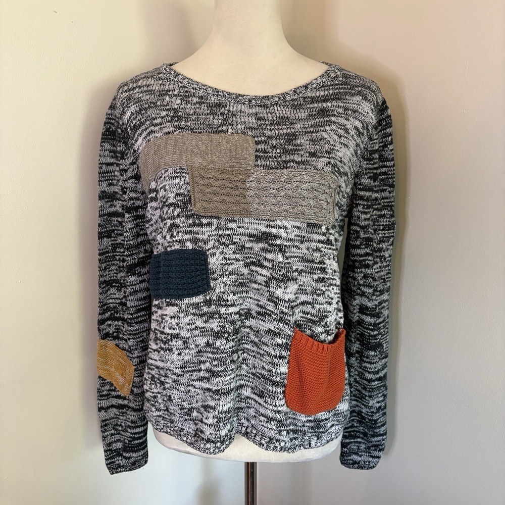 LISA TODD Cotton Cashmere Small Sweater Patchwork Space Dye Knit Pocket Boho S
